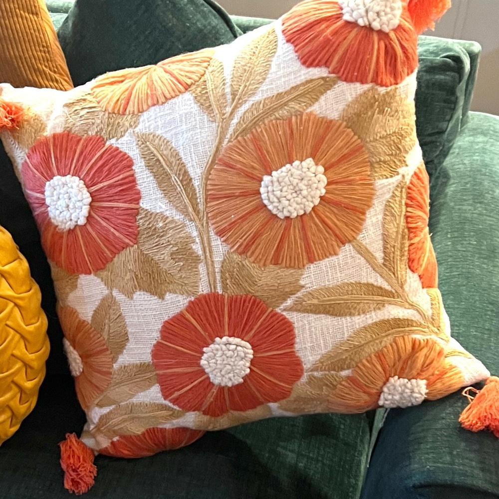 Crewel Terracotta Stunning Embroidery Pillow,Sun-Coral, Boho,l Cushion, Size 18” - Picture 5 of 8